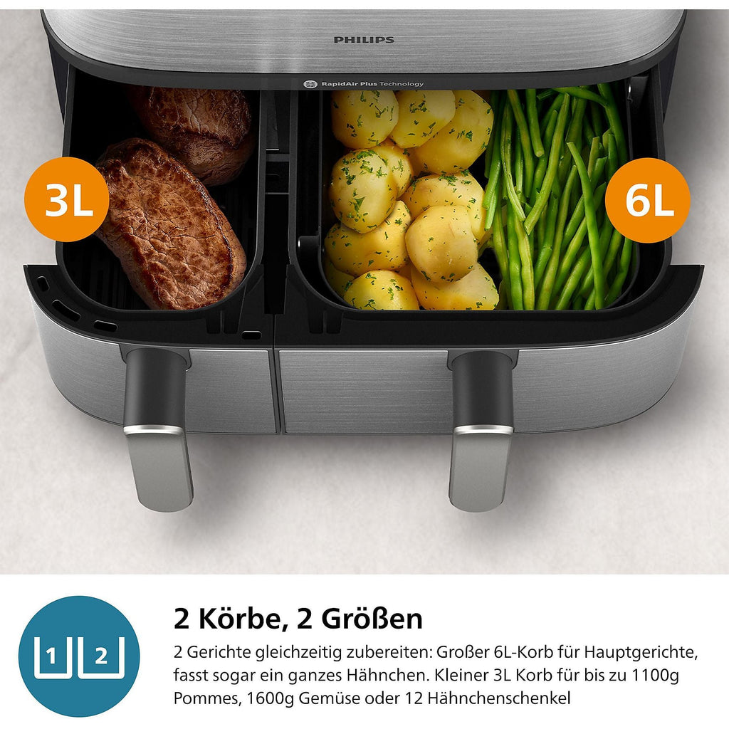 PHILIPS NA555/00 Steam Airfryer 5000 Series Dual Basket 9L Kapazität (3L+6L) Dampfgarer & Heißluftfritteuse