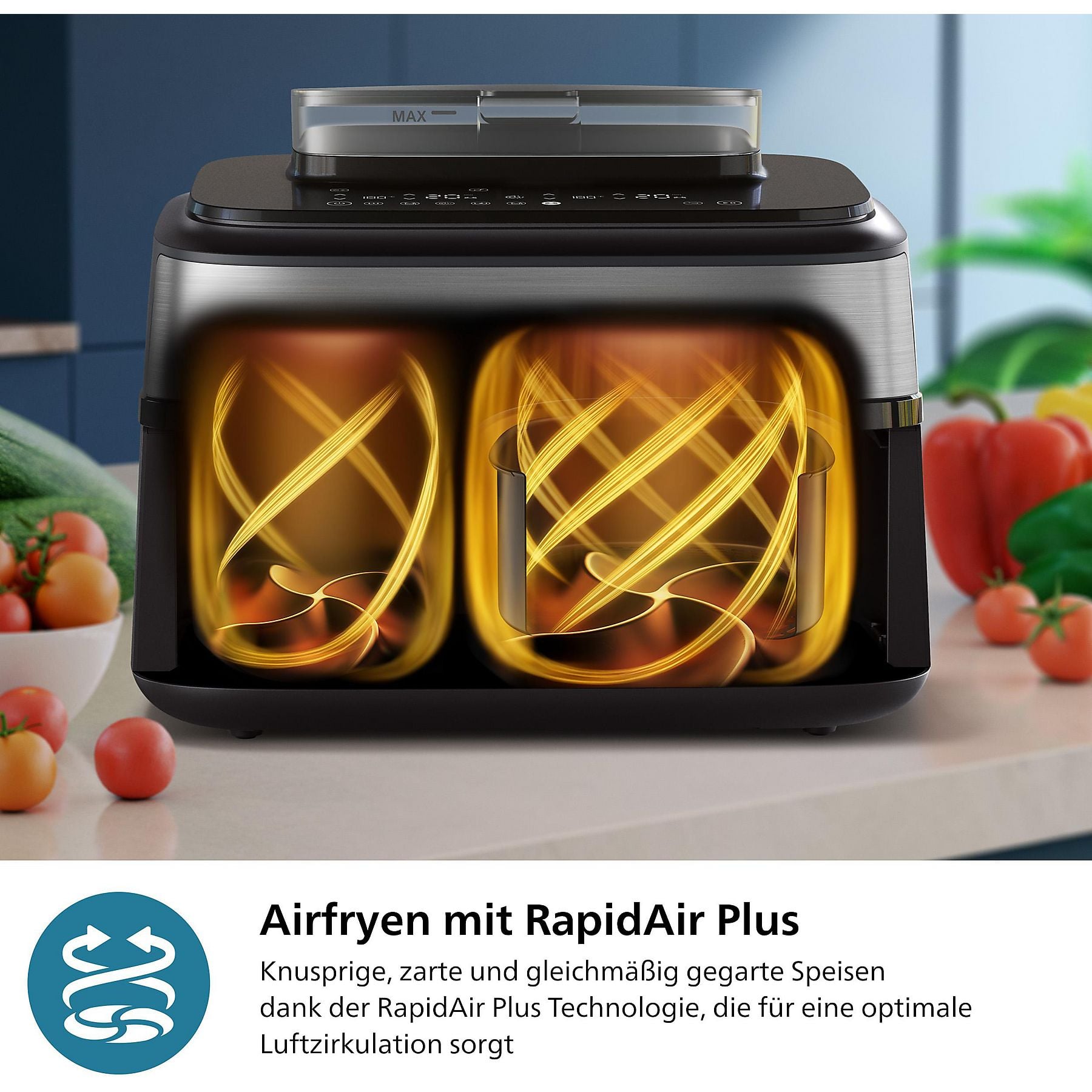 PHILIPS NA555/00 Steam Airfryer 5000 Series Dual Basket 9L Kapazität (3L+6L) Dampfgarer & Heißluftfritteuse
