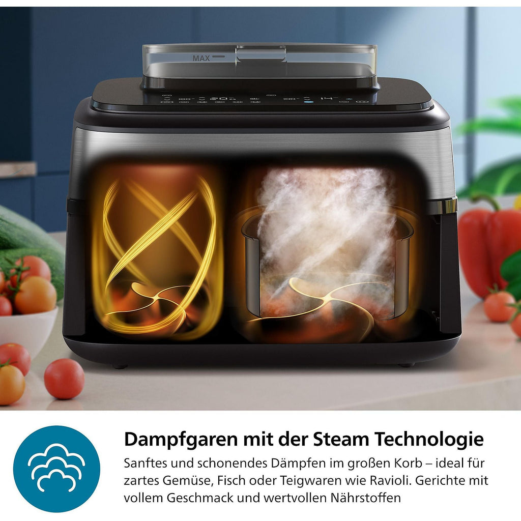 PHILIPS NA555/00 Steam Airfryer 5000 Series Dual Basket 9L Kapazität (3L+6L) Dampfgarer & Heißluftfritteuse