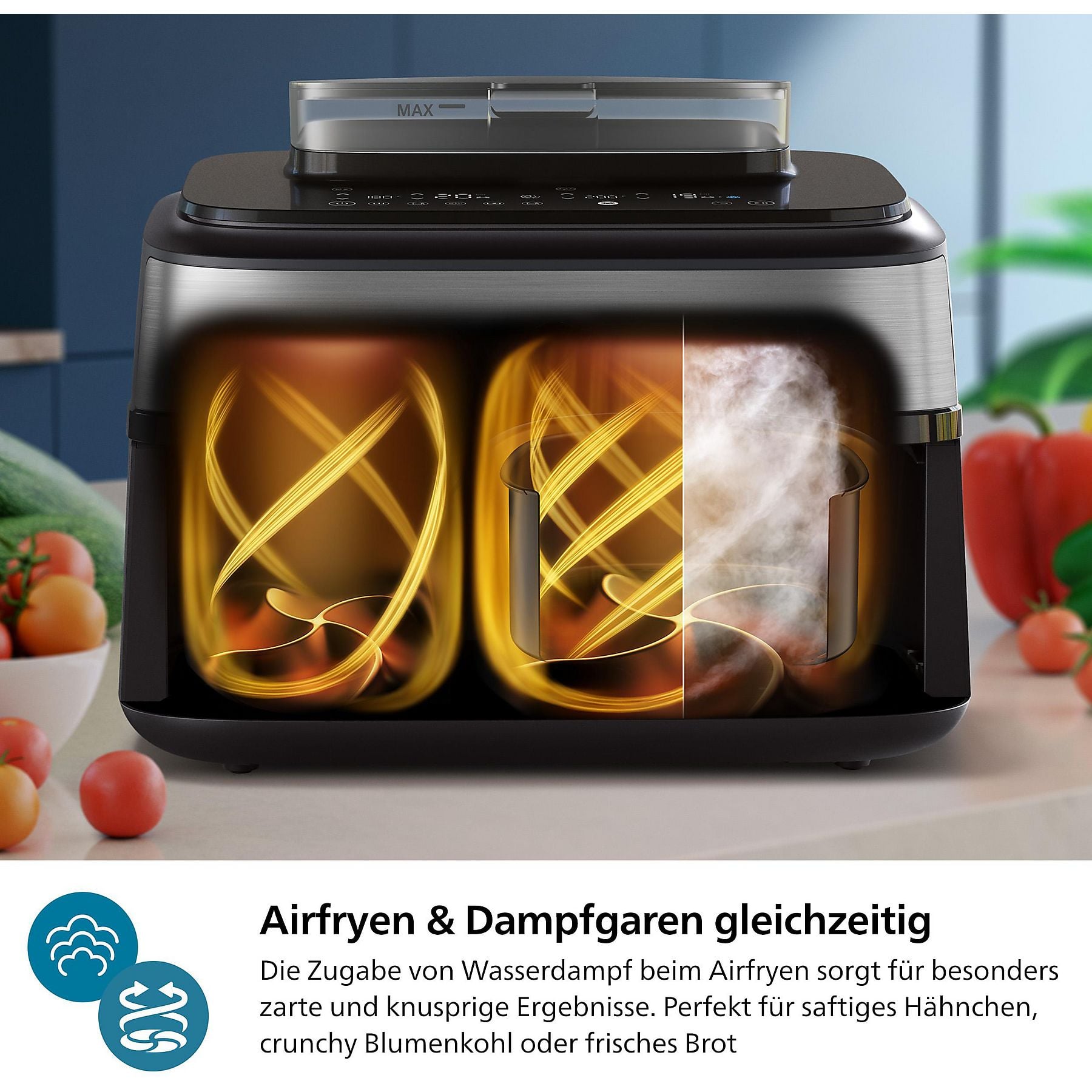 PHILIPS NA555/00 Steam Airfryer 5000 Series Dual Basket 9L Kapazität (3L+6L) Dampfgarer & Heißluftfritteuse