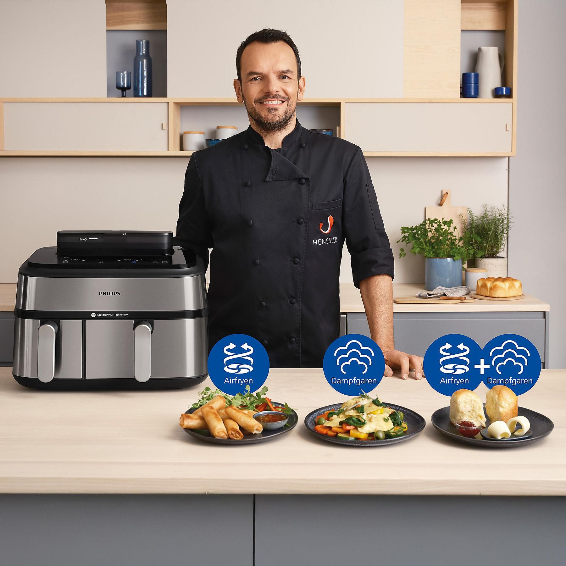 PHILIPS NA555/00 Steam Airfryer 5000 Series Dual Basket 9L Kapazität (3L+6L) Dampfgarer & Heißluftfritteuse
