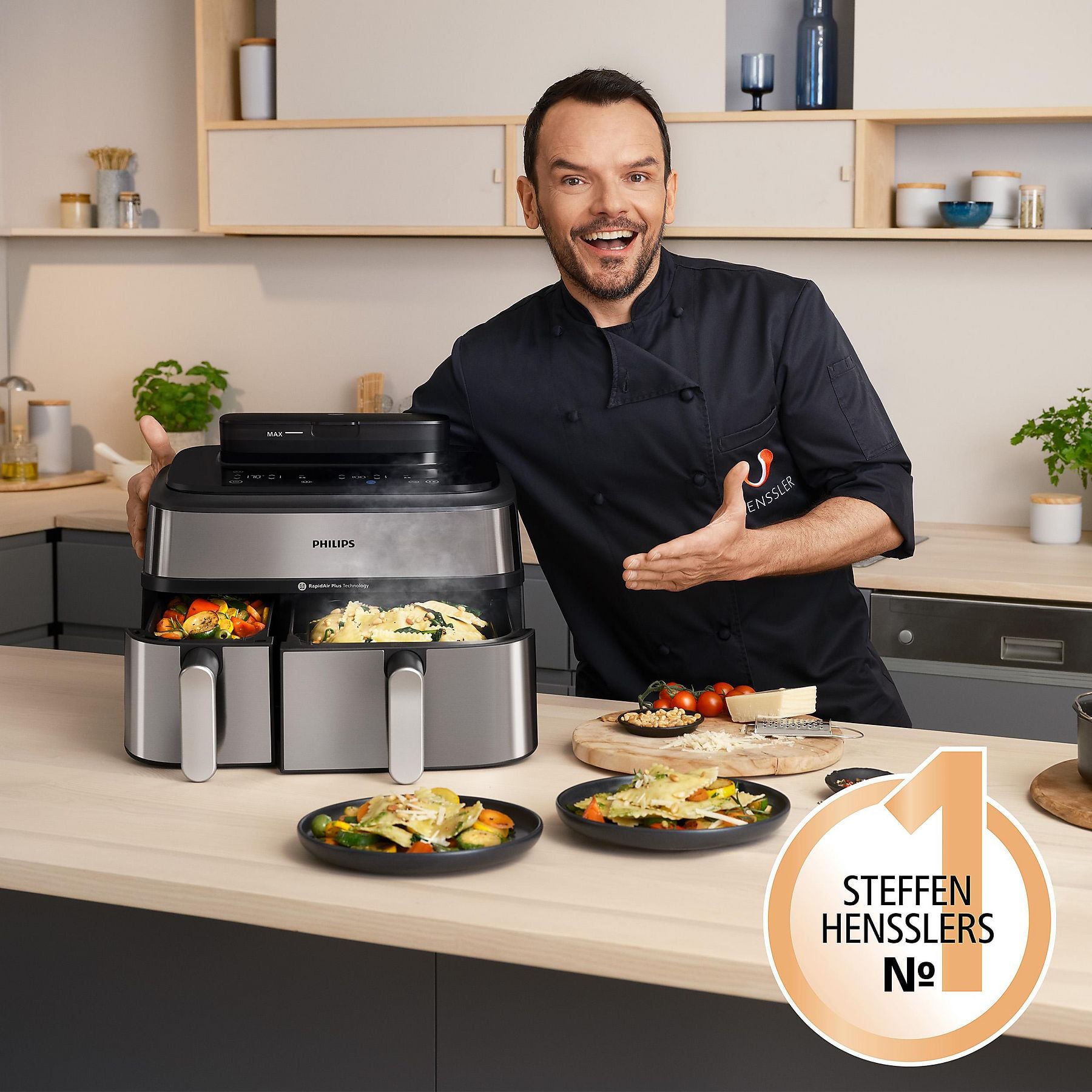 PHILIPS NA555/00 Steam Airfryer 5000 Series Dual Basket 9L Kapazität (3L+6L) Dampfgarer & Heißluftfritteuse