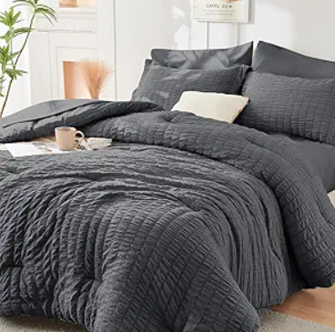 Comforter Set Seersucker 7 Pieces, All Season Luxury Bed in a Bag for Bedroom, Bedding Set with Comforters, Sheets, Pillowcases & Shams, Dark Grey